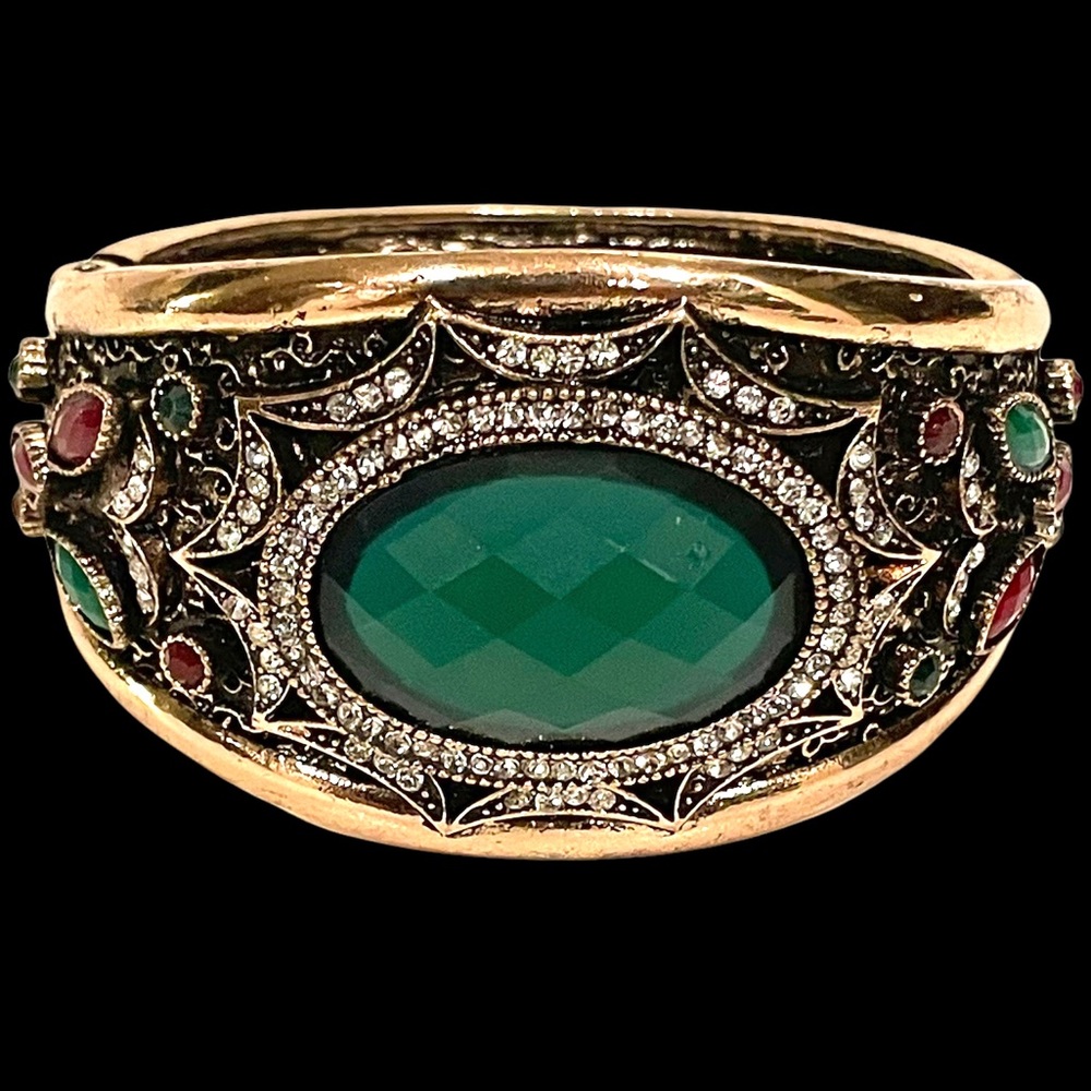 Glamorous Ruby and Emerald Turkish Brass Bangle Bracelet